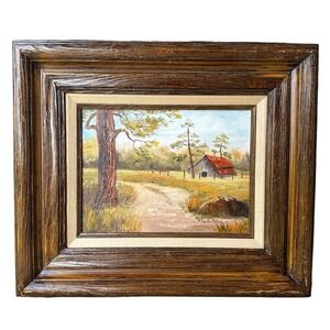 VTG Original Oil Painting 20x17 Inch Rustic Red Barn Country Road Signed Framed